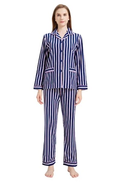 Global Set Pijama Damă Finet Global, Bumbac, Model Dunga ROZ, Culoare Albastr...