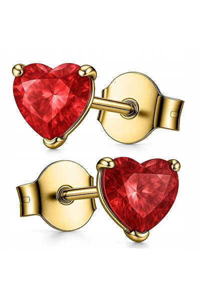 Larezo 925 Sterling Silver Gold Plated Earrings, Heart Shaped With Ruby Red C...