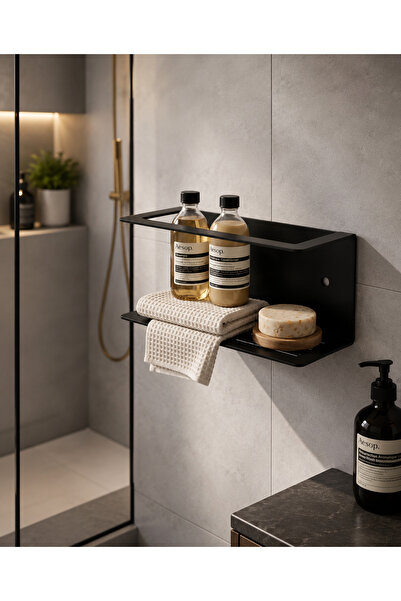 YDGR Modern Siyah Metal Duvar Rafı Yapışkanlı – Banyo ve Mutfak Düzenleyici Raf 20x9 Cm