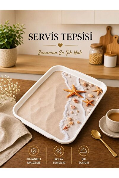 Galeriyo Deniz Sahil Desenli Orta Boy Servis Tepsisi