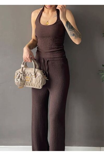 rose tml giyim Women's Halter Neck Blouse and Wide Leg Pants Two-Piece Set