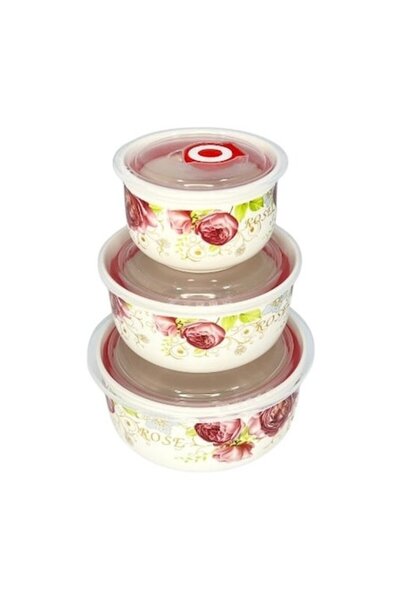 OEM Set of ceramic bowls with lids, floral model, 280/300/800ml