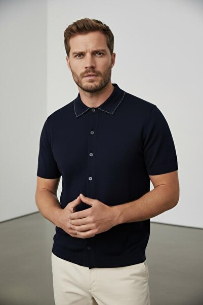 Sarar İnterview Polo Yaka Önü Düğmeli Rayon İnce Triko Lacivert T-Shirt