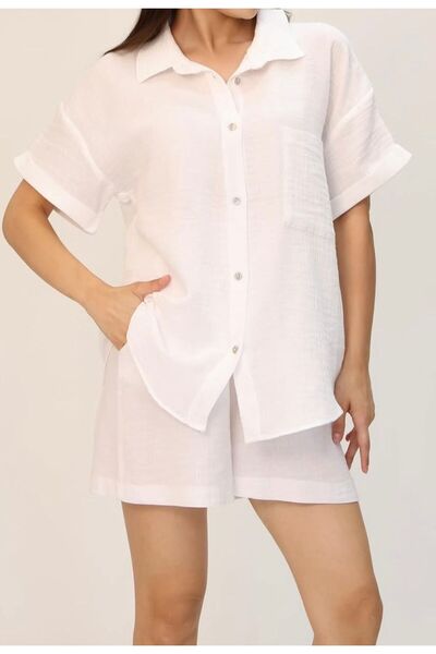 rose tml giyim Women's White Linen Fabric Oversize Shirt Shorts Set
