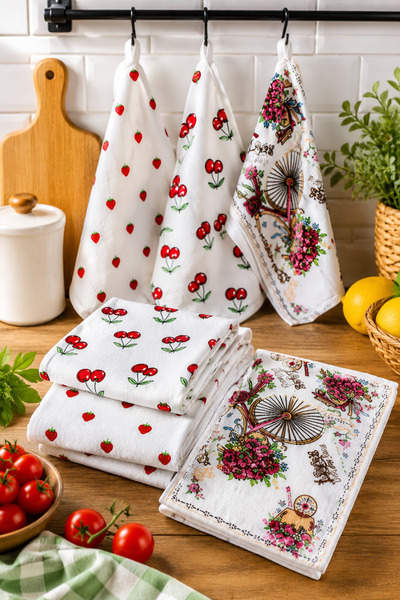 Demirelli Mutfak Havlusu 6’lı Set – %100 Pamuk Kadife, 3 Farklı Desen Çilek K...