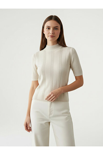 Sisley Women's Cotton and Wool Blended Glitter Detailed Stand Collar Short Sl...