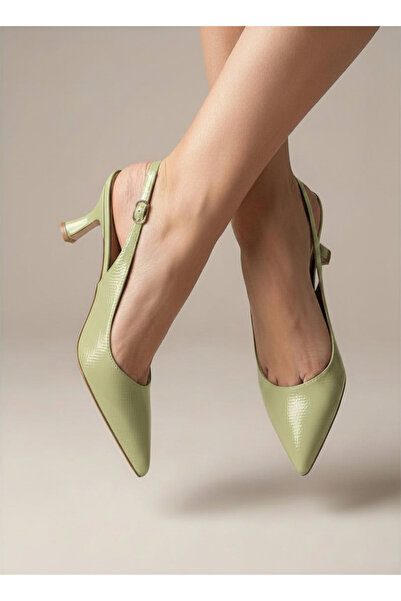 Zlato Kadın Yeşil Rugan Sivri Burun Arkası Açık Topuklu Ayakkabı Slingback St...