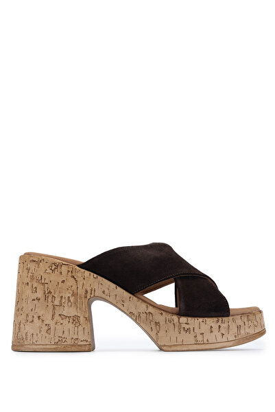Tamer Tanca Women's Genuine Leather Brown Suede Heeled Slippers