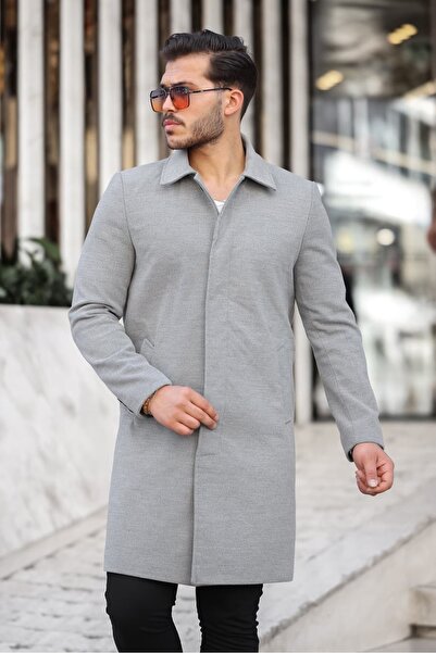 BERMUDA Men's Light Gray Wide Fit Long Shirt Collar Overcoat & Cashmere Coat
