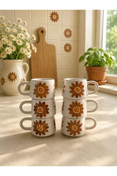 CEYU SERAMİK Modern Coffee Floral Ceramic Espresso and Turkish Coffee Cup Set
