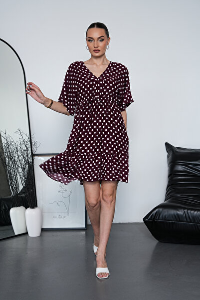 NAVY Batwing Sleeve V-Neck Polka Dot Patterned Mini Dress with Waist Tie Detail