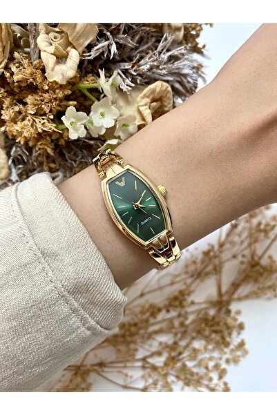 Mazzy Vintage Design Thin Light Cord Gold Green Dial Women Wrist Watch