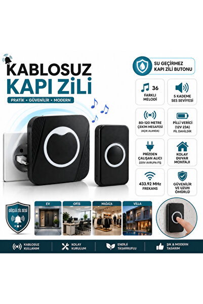 Vi Caro Kablosuz Kapı Zili Su Geçirmez Butonlu 36 Melodili 5 Kademe Ses Ayarl...