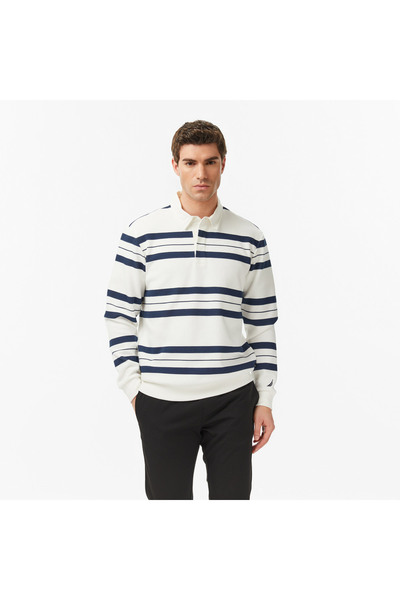 Nautica Erkek Krem Regular Fit Çizgili Sweatshirt