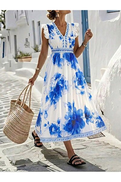 Iuliashop Rochie lungă Nalanda albă cu imprimeu floral albastru - M