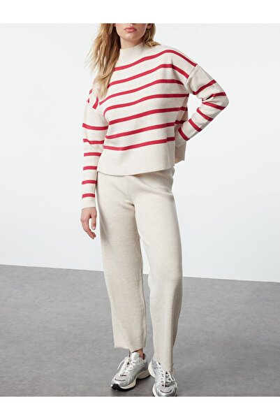 Iuliashop Knitted Set with Calypso Beige Pants with Pink Stripes - M