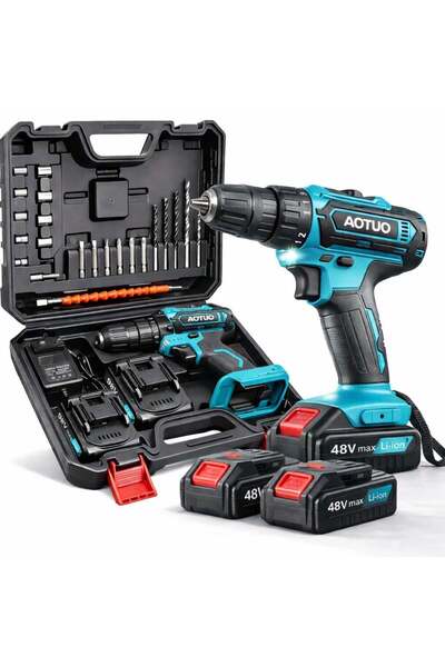 AOTUO 48V Cordless Drill, 2 Li-ion Batteries, Fast Charger, 3/8 inch Drill Bi...