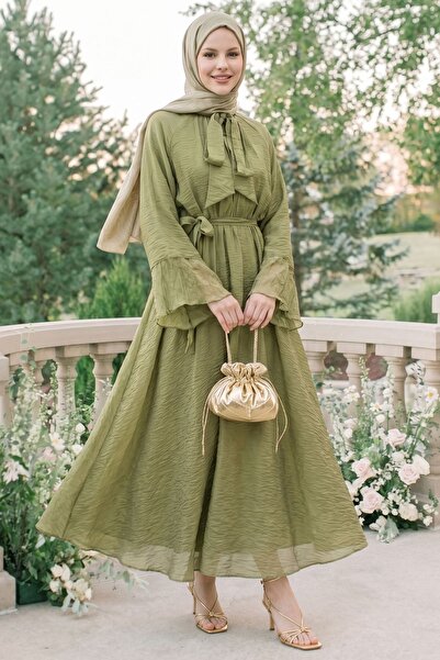 InStyle Wide Sleeve Khaki Dress with Scarf
