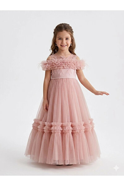 Orca Kids Fashion 2-10 ruffled feather detailed maxi evening dress powder