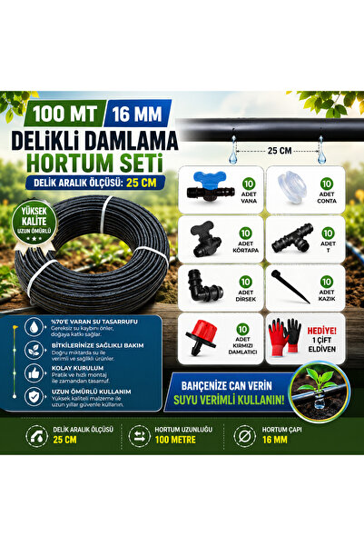 Sertsan Delikli 16 mm Damlama Hortum Seti 100 MT 25 cm Aralıklı