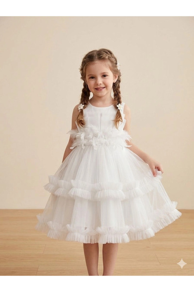 Orca Kids Fashion 2-10 فستان سهرة أبيض مع تفاصيل ريشة
