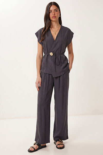 Lovelyİstanbul Gold Buttoned Modal Top and Bottom Set Lub0372 Anthracite