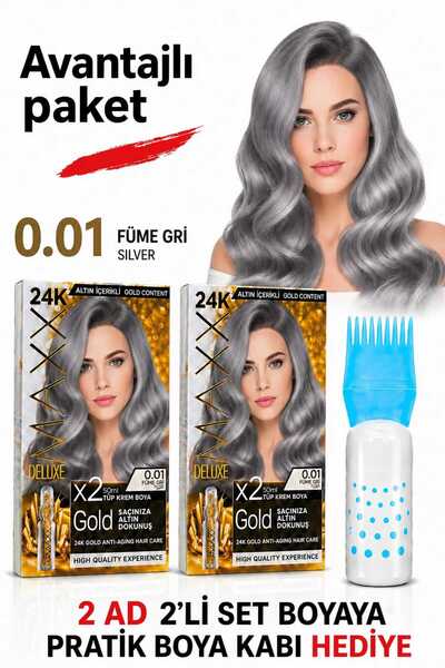 MAXX DELUXE Golden Beauty Set Saç Boyası 0.01 Füme Gri 2 L i 2 Kutu + Fırça+P...