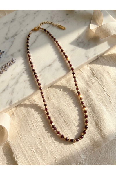 Meneva Aksesuar Gold Color Steel Combination Necklace with Garnet Natural Stone