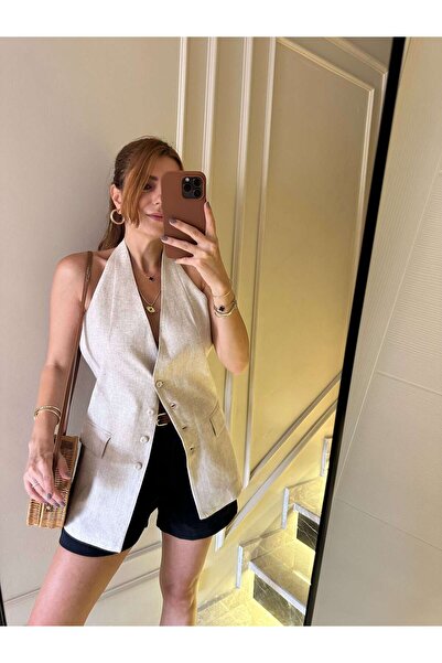 Chamakh Beige Halter Collar Buttoned Linen Vest