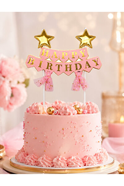 DODOMAR Pasta Üstü Çubuklu Happy Birthday Yıldızlı Tüllü Pembe Süs Doğum Günü...