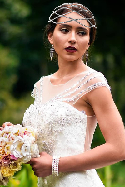 PERLMUTT Gold Zircon Stone Bridal Crown Crystal Hair Chain Bridal Headpiece W...