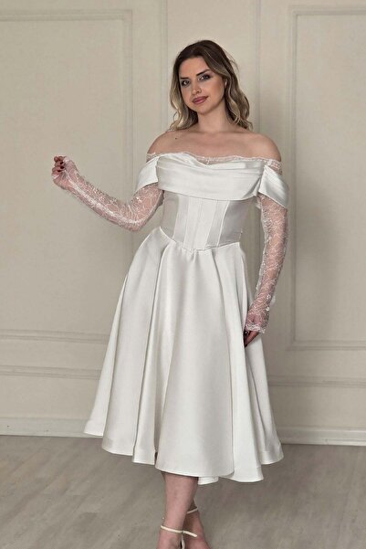 Yonca Moda Evi Beyaz Saten Drapeli Midi Abiye 6015