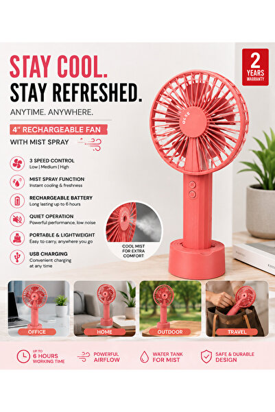 EasyLife Mini Portable Fan with Mist Spray – Rechargeable USB Handheld Coolin...