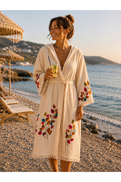 DORA COLLECTİON MUĞLA Çiçek desenli müslin bornoz