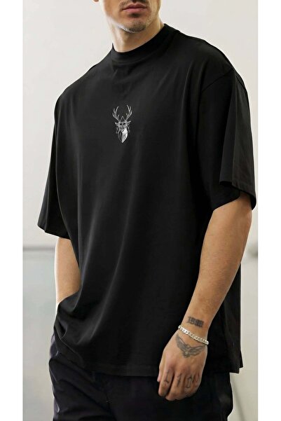 VACHT Men's Oversize Casual T-Shirt with Deer Print in Black