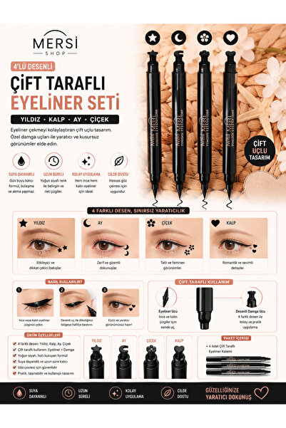 Mersi SHOP 4'lü Desenli Çift Taraflı Eyeliner Seti Yıldız Kalp Ay Çiçek Damgalı