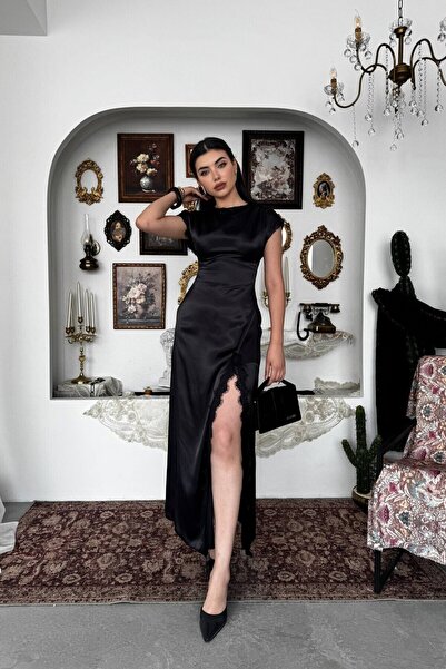 Generic Brand Luna Lace Detailed Slit Satin Evening Dress Stylish Dress