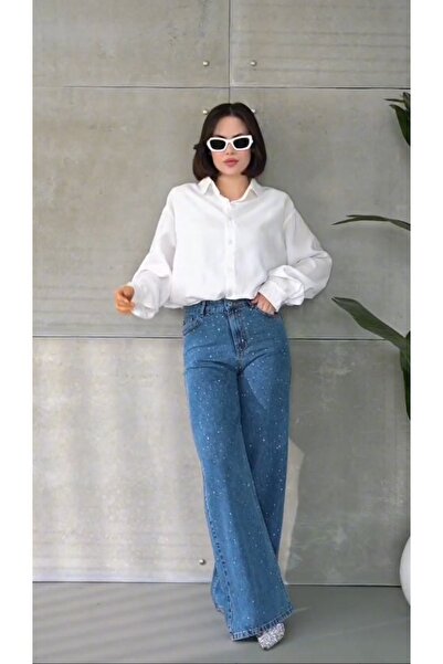 MYMAGAZİNE Taş İşlemeli Yüksek Bel Geniş Paça Jean Pantolon