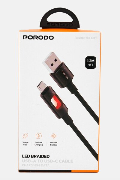 porodo Led Braided USB-A To USB-C Cable, Black