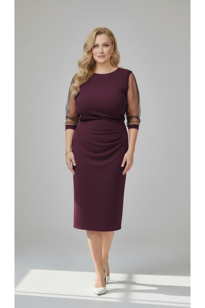 Veline Rochie elegantă visinie, midi, pliuri laterale, mâneci transparente, m...
