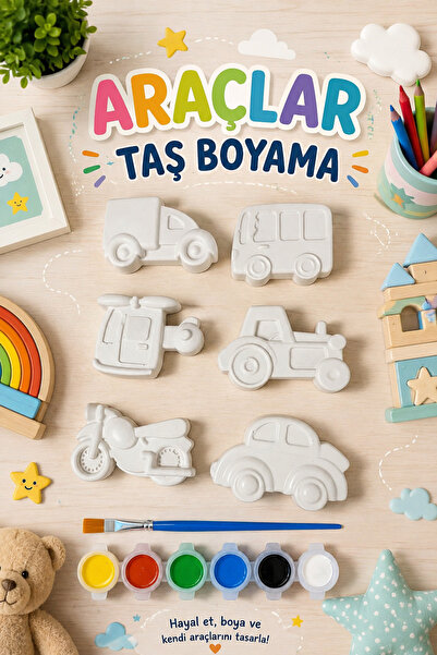 Atölye yüksel Araçlar Taş Boyama Seti = 6 Taş Araç + 6 Renk Boya + 1 Fırça