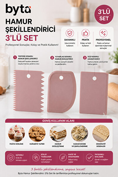 BYTA Hamur Şekillendirici 3'lü Set – Pasta, Kurabiye ve Hamur Kazıyıcı Seti