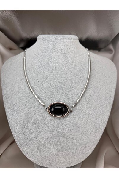 ZS Aksesuar Black Stone Detailed Silver Color Necklace Minimalist Modern Wome...