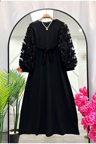 MODA MT Kadın Kolları Tül Çiçek Detaylı Elbise - 747
