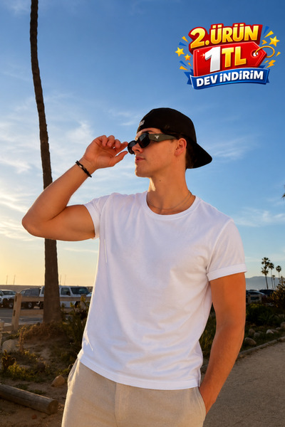 DAMGA JEANS Men's Casual Summer Crew Neck White Basic T-Shirt
