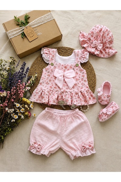 Mussora Baby Kız bebek Pembe çiçekli 4'lü takım Müslin kumaş!