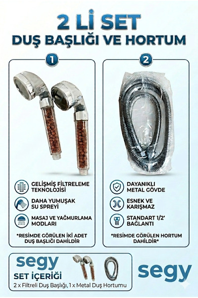 segyhome 2 li Duş Seti/ 6 Fonksiyonlu Filtreli Duş Başlığı + 150 cm Duş Hortumu