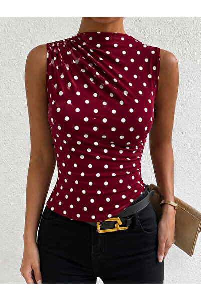 WEEST MODA Polka Dot Patterned Draped Crew Neck Stretch Fabric Blouse