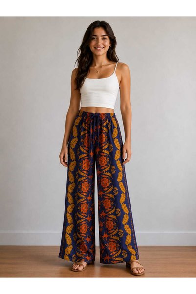TuZeGiyim Ethnic Pattern Colorful Wide Leg Elastic Waist High Waist Women's T...