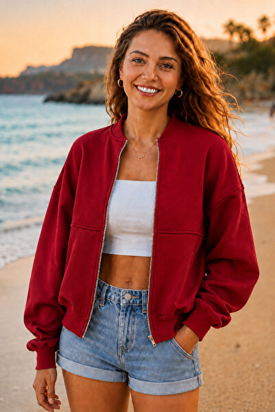 YAKAMEL Kadın Oversize Fermuarlı Çıma Desenli Yeni Sezon Trend Bomber Ceket